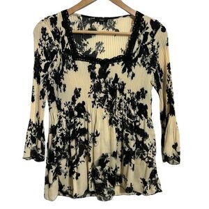 Vtg Y2K Plisse Babydoll Top M Floral Pleated Crinkle Ribbed Stretch Square Neck